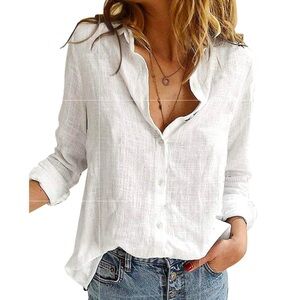 White, Medium, Womens V Neck Roll up Sleeve Button Down Blouses Tops